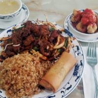Dinner Special Combo #4 · Soup of the day, egg roll, hot and spicy Mongolian beef, sweet and sour pork, pork fried rice.