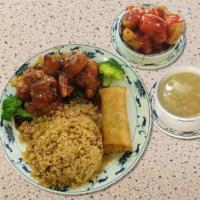 Dinner Special Combo #3 · Soup of the day, egg roll, hot and spicy general Tao's chicken, sweet and sour pork, pork fr...