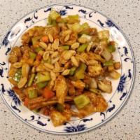 Kung Pao Chicken · Delicious Spicy Chicken stir fried with fresh cut to order vegetables, topped with house roa...