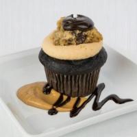 Goody Gracious · Chocolate cake, peanut butter cream cheese frosting with a piece of chocolate chip cookie an...