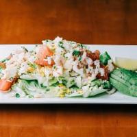 Crab & Shrimp Salad · all organic butter lettuce, avocado, heirloom tomatoes, roasted corn, cucumbers & lemon oreg...