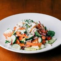 Mediterranean Salad  Full · all organic romaine, cucumber, tomatoes, onions, bell peppers, kalamata olives, feta, house-...