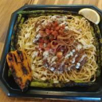 Parmesan Chicken · Parmesan crusted chicken over roasted garlic noodles with grilled vegetables and Cunios hous...