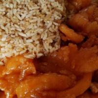 Orange Chicken · Tender crispy white meat chicken glazed with a sweet and tangy orange sauce.