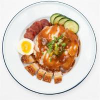 Khao Moo Dang (Gf) · Gluten-free. House signature rice dish with sliced five-spice pork loin, crispy pork belly, ...