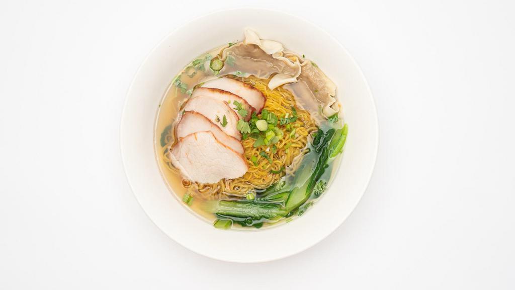2 Ba-Mhee Naam · Egg noodle soup with sliced five spice pork loin, pork dumplings (2), and yu-choy.