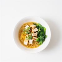 2. Ba-Mhee Naam With Tofu (Veg) · Egg noodle soup with Ota firm tofu over yu-choy.