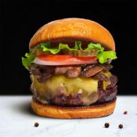 Mushu Swiss Burger · American beef patty topped with mushrooms, melted swiss cheese, lettuce, tomato, onion, and ...