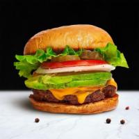 Avo Bravo Burger · American beef patty topped with avocado, melted american cheese, lettuce, tomato, onion, and...