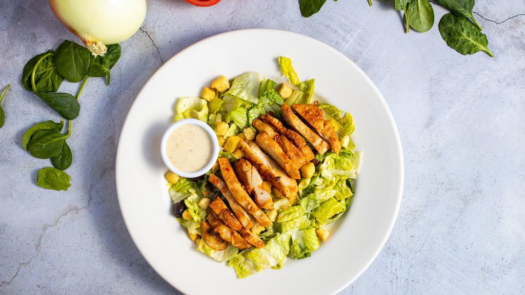 Superior Caesar Salad · Romaine lettuce, grilled chicken, house croutons, and parmesan cheese tossed with caesar dressing.