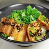 Pork Belly Over Rice (东坡饭) · Stewed pork belly with baby bok choy, green onion and pickled veggie over steamed white rice