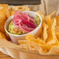 Guacamole With Chips Two Ways (Vegan) · Fresh Made In House and Garnished with Pickled Onions and Carrots.  Served with Chips Two Wa...