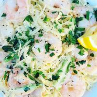 Prawns Alfredo Linguine · Handmade linguine tossed with sautéed wild caught prawns, chopped asparagus, minced garlic, ...