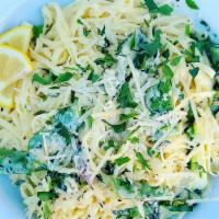 Alfredo Linguine · Chopped asparagus sautéed in olive oil with minced garlic, sliced shallots, and fresh herbs,...