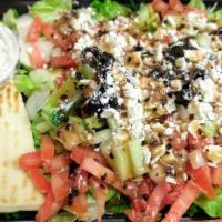 Greek Salad - Regular Price · Lettuce, Tomato, Onion, Cucumber, Black olives, Half a pita, served with a side of Balsamic ...