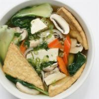 Vegetarian Pho · Slices of fried and fresh tofu, mushroom, carrot, shanghai choy in vegetarian broth.