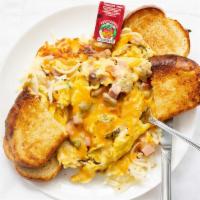 Dave'S Skillet · Scrambled eggs, ham, sausage, bell peppers, onions and cheese on a bed of hash browns with t...