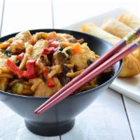 The Chicken Chow Mein · Diced chicken mixed with fresh mushrooms and vegetables, served with fried noodles.