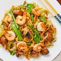 Yakisoba · Pan stir-fried thin soba noodles in sauce with chicken, beef, shrimp or tofu and vegetables.