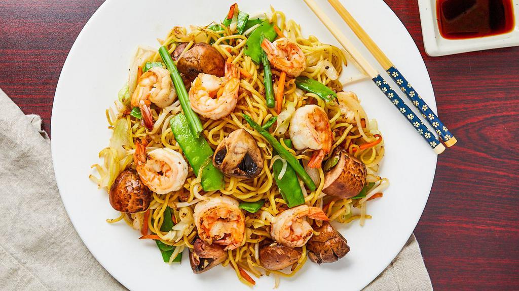 Yakisoba · Pan stir-fried thin soba noodles in sauce with chicken, beef, shrimp or tofu and vegetables.