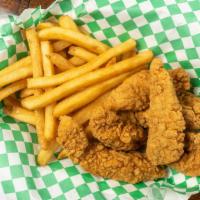 Chicken Tenders · Baskets of 3 or 5 with fries & your choice of sauce: Buffalo, teriyaki, sweet chili, hot hon...