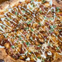 Bbq Chicken Pizza · Grilled chicken, bacon, red onion, cilantro and Sweet Baby Ray's BBQ.