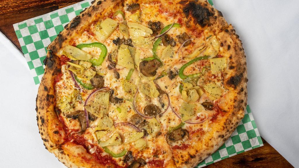 Vegan Pizza · Vegan cheese, green pepper, red onion, mushroom, & artichoke.