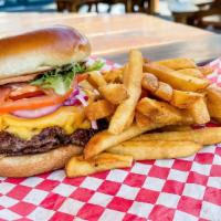 Classic Cheeseburger · Double patty, cheese, lettuce, tomato, red onion and sepcial sauce on a toasted brioche bun.