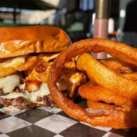 Nv Brew Works Burger · Double patty, cheese, cheese curds & chipotle mayo on a toasted brioche bun.