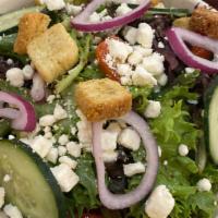 Nbw House Salad · Mixed greens, cucumber, tomatoes, feta, croutons with house vinaigrette dressing.