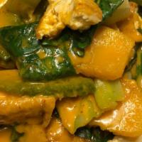 Pumpkin Curry:* (Vg) · Delicious red curry w/ Choice of protein, spinach, Thai pumpkin, bell peppers, and sweet basil