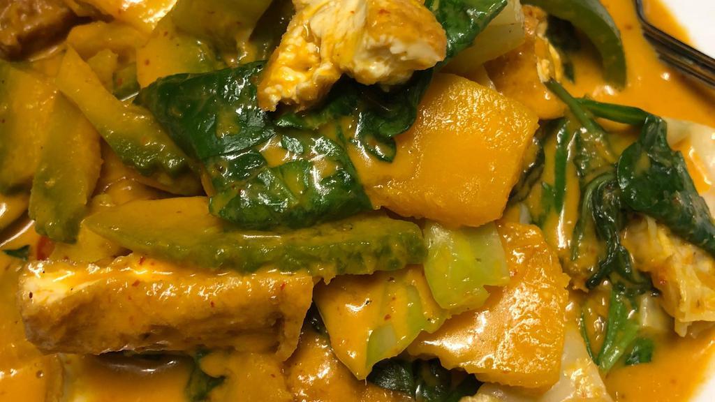 Pumpkin Curry:* (Vg) · Delicious red curry w/ Choice of protein, spinach, Thai pumpkin, bell peppers, and sweet basil