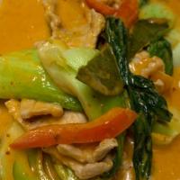 Kang Tae Po (Vg) · Delicious tamarind red curry with choice of protein, Bok Choy, Kaffir lime leave served with...