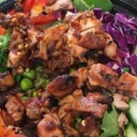 Spicy Chicken Salad · Served with mixed greens blanched vegetables and ginger dressing.
