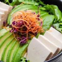 Tofu Avocado Salad · Served with mixed greens blanched vegetables and ginger dressing.
