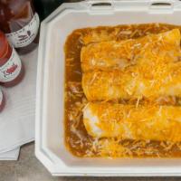 Three  3 Enchiladas No Beans  No Rice · 3 corn tortillas filled cheese smothered with pork green chile