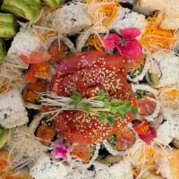 Holiday Sushi Party Tray Combo A · *7 CHEF'S SPECIAL ROLL: sharks tail, rainbow, tiger, paradise, hawaiian, long island, caterp...