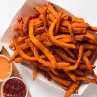 Small Sweet Potato Fries · Golden sweet potato fries with your choice of dipping sauce!