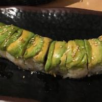 Caterpillar Roll ( 8 Pieces) · Unagi, tempura shrimp, covered with avocado, teriyaki sauce and sesame seeds.