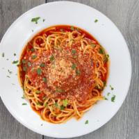 Spaghetti & Meatballs · Spaghetti and homemade marinara with 2 large meatballs.