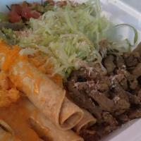 5 Rolled Tacos Dinner · Rolled tacos. Tacos come with shredded beef inside. Served with rice and beans.