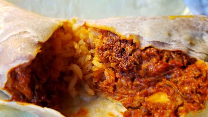 Chile Colorado Burrito · Red chili meat and rice.