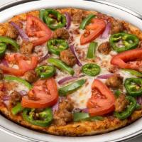 Pizza Pete · Thin Crust, Red Onion, Green Pepper, Tomato, Jalapeno, Fresh Sausage