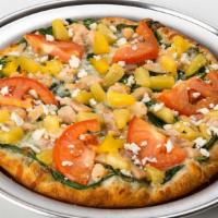 Bob-Kate · Thin Crust, Olive Oil + Wing Sauce, Spinach, Tomato, Pineapple, Chicken, Feta
