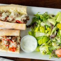 Steak Sub · rib-eye steak, grilled pepper, onion, and melted mozzarella cheese on a home made fresh sub ...