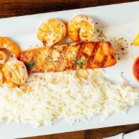 Grilled Shrimp And Salmon · served with rice.