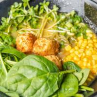 Vegetarian · Miso broth, radish sprouts, spinach, green onion, roasted seaweed, corn, panko tofu, vegan s...