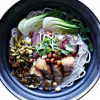 The Guilin / 桂林湯粉 · Guilin rice noodle in chicken broth, topped with bok choy, pickled green, bamboo, pickled gr...