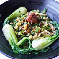 Sizzling Garlic / 陕西油潑麵 · Vegan. Hot. House-made wheat noodle sitting on our vinaigrette sauce, topped with green onio...