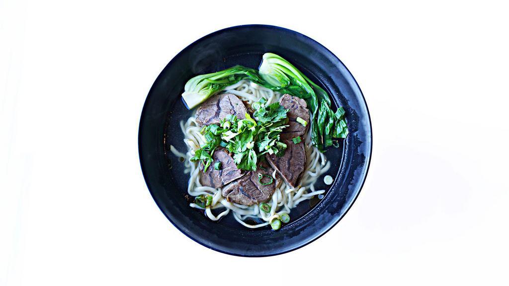 Beef Shank Noodles / 清湯牛肉麵 · House-made wheat noodle in chicken broth, topped with beef shank, bok choy, green onion, and cilantro.